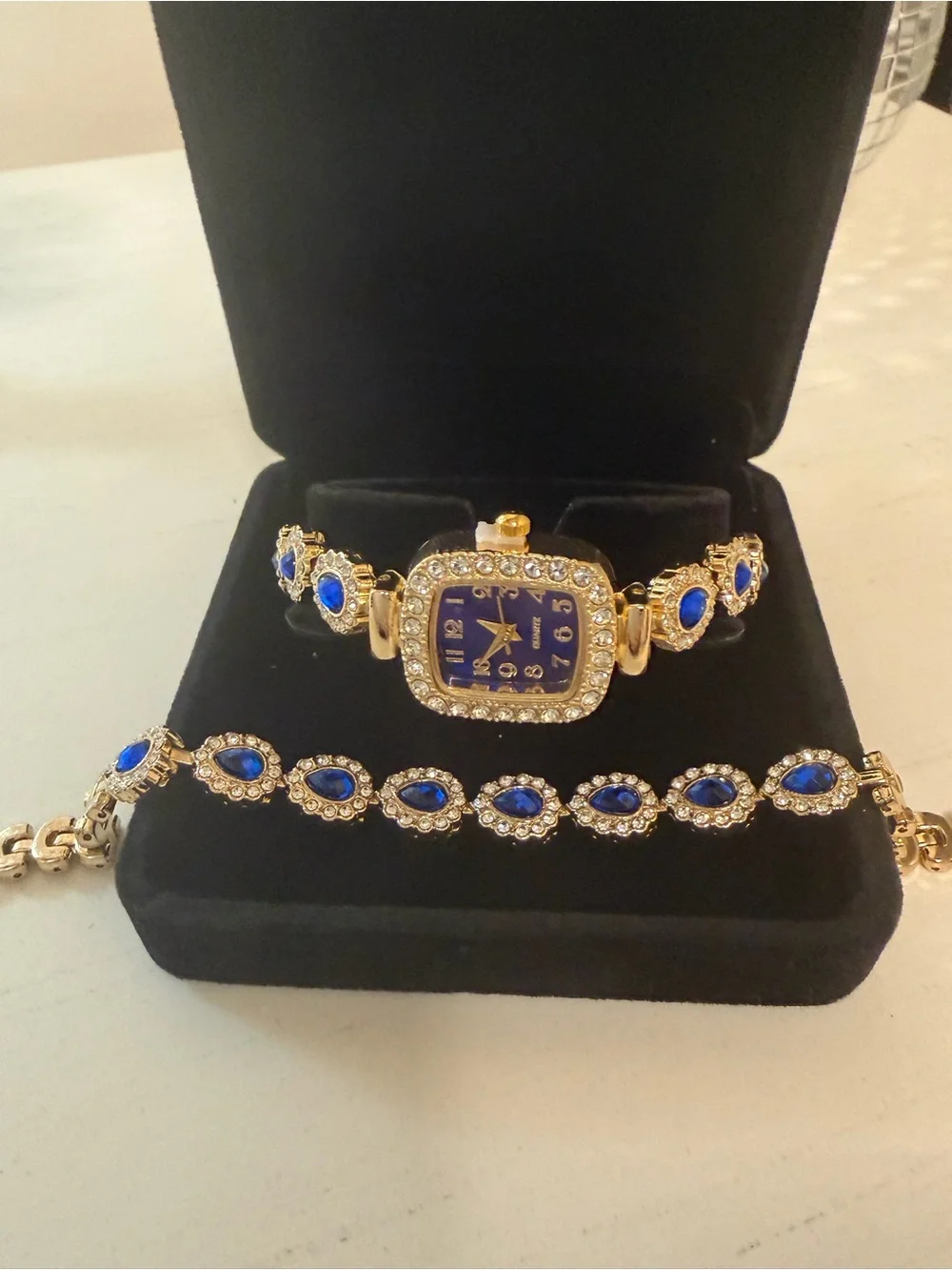 Gold-Tone Bracelet Watch with Royal Blue Dial and Crystal Accents